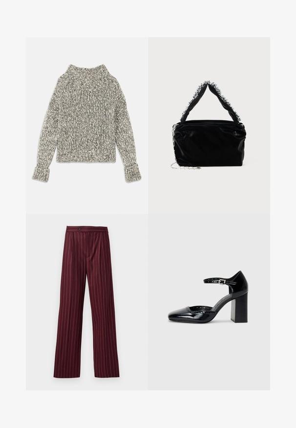 Gustin pleteni pulover u krem i sivoj nijansi. Ima široki rebrasti ovratnik i manžete, s kutijastim oblikom i teksturiranim uzorkom kroz cijeli komad.; Bordo široke hlače s uzorkom prugica, plisiranim prednjim dijelom i dugmetom za zatvaranje, izrađene su od glatke tkanine s oblikovanim dizajnom.; Crne lakirane cipele s visokom potpeticom, kvadratnim vrhom, kaišem oko gležnja i debelim potpeticama. Sadrže perforirane detalje uz rub.; Crna torbica od umjetne kože s teksturiranim završetkom, koja sadrži perlicu srebrnu detalj duž gornje ručke i lančanu naramenicu.