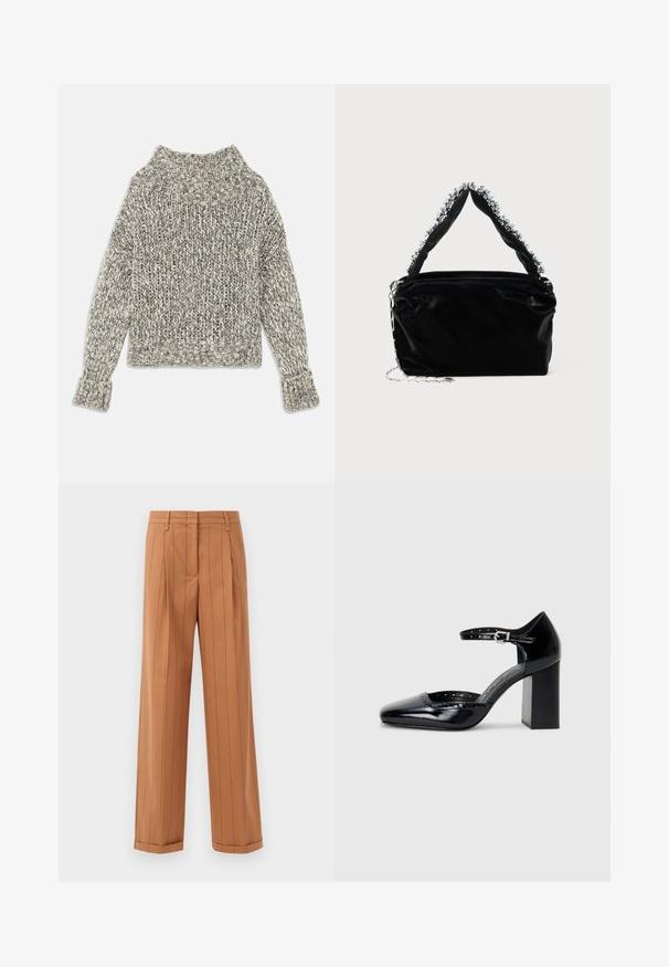 Tömény kötésű pulóver krém és szürke árnyalatokban. Széles bordás gallérral és mandzsettákkal rendelkezik, dobozos formájú, és textúrázott mintázat díszíti.; Barna csíkos nadrág, elegáns szabással, pliszírozott részletekkel, egyenes fazonnal és felhajtott szegéllyel. Simító anyagból készült.; Fekete patent bőr, magas sarkú cipők négyzetes orral, bokapánttal és vastag sarkal. A szélén lyukacsos díszítéssel.; Fekete műbőr kézitáska texturált felülettel, amelyen gyöngyökkel díszített ezüstszínű kiegészítő található a felső fogantyún, valamint láncos pánt.