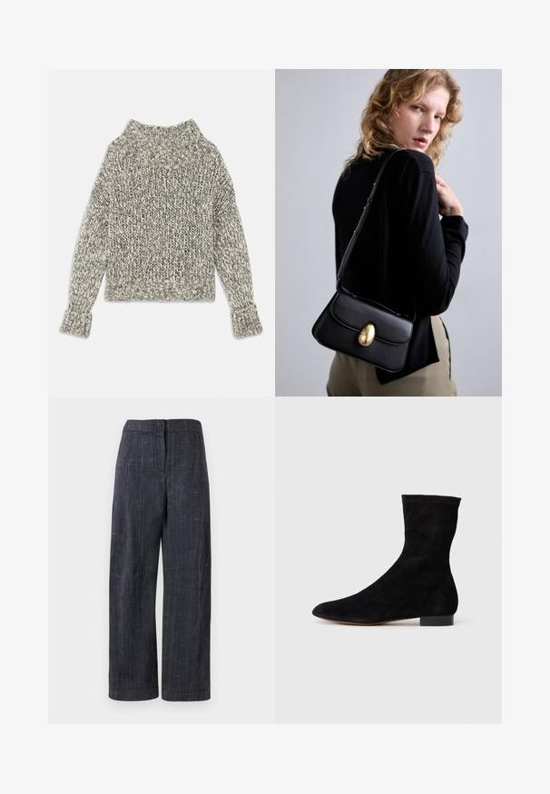Hrejivý sveter s hrubým pletením v krémových a sivých odtieňoch. Má široký rebrovaný golier a manžety, s boxy strihom a textúrovaným vzorom po celom povrchu.; Tmavohnedé široké nohavice s jemnou textúrovanou tkaninou, vysokým pásom a skrytým predným zapínaním.; Čierne semišové členkové topánky s priliehavým zvrškom, špicatou špičkou a nízkym blokovým opätkom. Hladká textúra a minimalistický dizajn, vhodné na všestranné kombinovanie.; Čierna kožená kabelka s oblým tvarom, zdobená výrazným zlatým oválnym uzáverom, nastaviteľným popruhom a minimalistickým dizajnom.