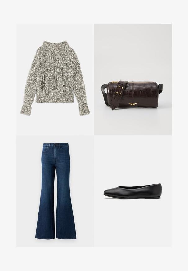 Hřejivý svetr z hrubé pleteniny v krémových a šedých odstínech. Má široký vroubkovaný límec a manžety, s boxovitým střihem a texturovaným vzorem po celém povrchu.; Tmavě modré džíny s vysokým pasem a rozšířenými nohavicemi, s předním knoflíkem, zipem a pěti kapsami na bílém pozadí.; Paul Smith TOPANGA - Klasické baleríny - black; Hnědá kabelka z krokodýlí kůže s embosováním, cylindrického tvaru, se zlacenými kovovými prvky a odnímatelným popruhem se hroty.