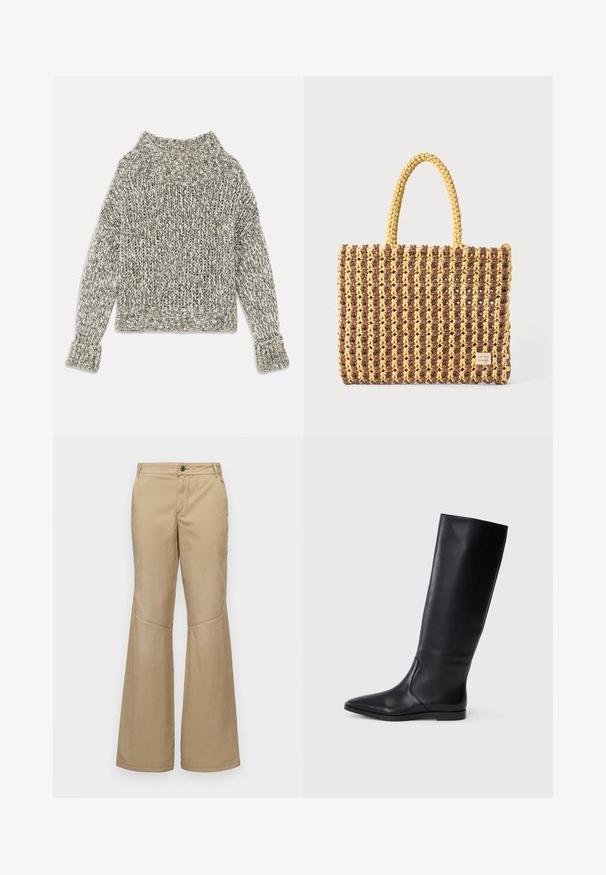 Pulover iz debelega pletenja v kremnih in sivih odtenkih. Ima širok rebrast ovratnik in manšete, s kvadratno obliko in teksturiranim vzorcem po celotni dolžini.; Bež hlače širokega kroja z gumbom za zapiranje, sprednjimi in stranskimi žepi ter podrobnostmi v šivanju, izdelane iz lahkega, strukturiranega materiala.; Črne usnjene škornje do kolen z ostro špico in minimalističnim dizajnom. Gladka tekstura in ravna podplat, z diskretnimi stranskimi šivi.; Tkanina torba v rjavi in rumeni barvi, ki ima pravokotno obliko, dve ročaji in teksturirano površino z vidnimi šivi ter oznako blagovne znamke.