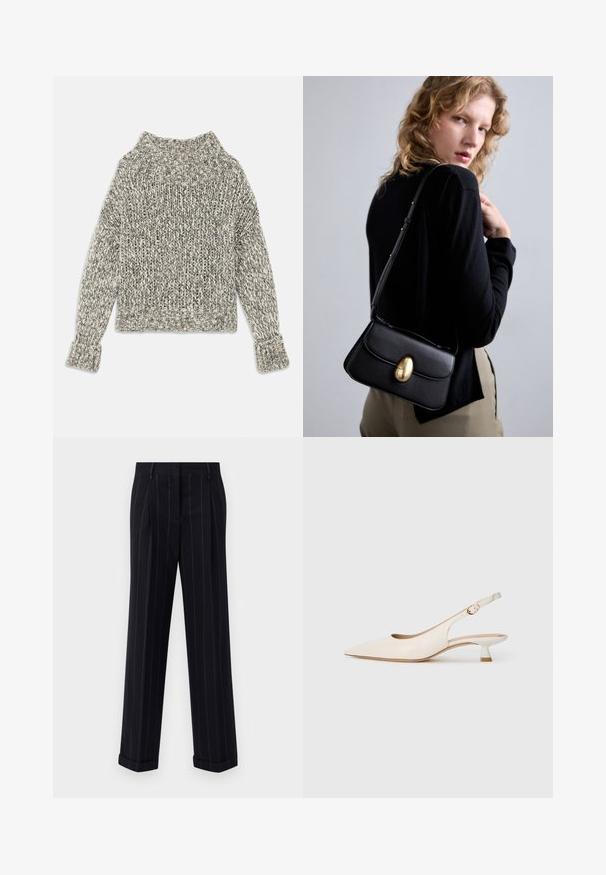 Pūkains adījums kreklā krēmkrāsas un pelēkās nokrāsās. Tajā ir plata ribota apkakle un aproces, kā arī kaste formas un teksturēts raksts visā krekla garumā.; Melnas pinstrīpu bikses ar pielāgotu piegriezumu, ar apgāztu apakšmalu un priekšējām kroku detaļām. Izgatavotas no gludas auduma ar struktūrētu dizainu.; Krēma krāsas ar norādītu pirkstu slingback kurpe ar zemu kitten papēdi un zelta sprādzi uz vienkārša baltā fona.; Melnas ādas rokassomu ar izliekta formu, kas aprīkota ar izteiksmīgu zeltītu ovālu aizdari, regulējamu siksniņu un minimālistisku dizainu.