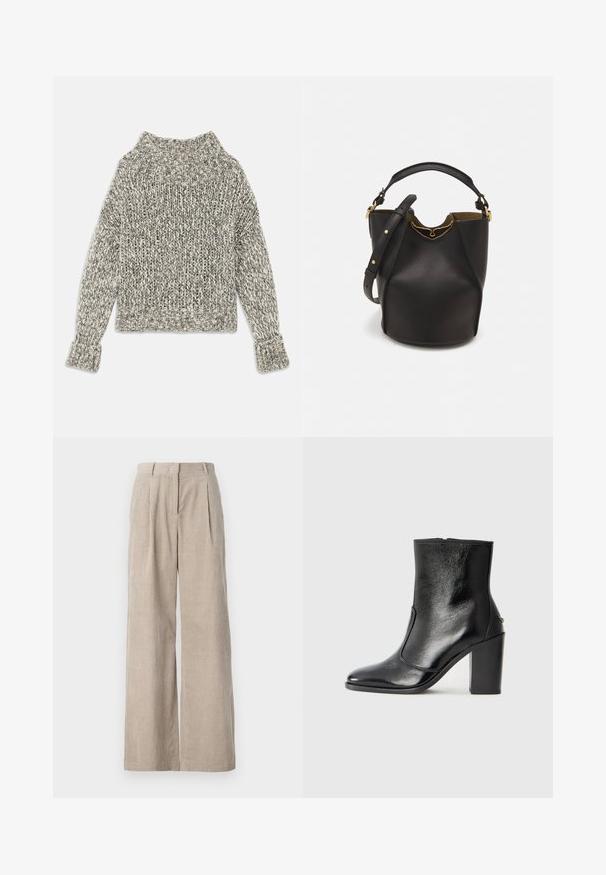 Hřejivý svetr z hrubé pleteniny v krémových a šedých odstínech. Má široký vroubkovaný límec a manžety, s boxovitým střihem a texturovaným vzorem po celém povrchu.; MAX&Co. LIGURIA - Kalhoty - beige; Černé kožené kotníkové boty s hladkou texturou, špičatou špičkou a robustním vysokým podpatkem. Mají boční otvor a minimalistický design.; Černá kožená kabelka ve tvaru vědra s texturovaným povrchem, zlatými kovovými akcenty a otevřeným vrchem. Obsahuje krátkou rukojeť a nastavitelný ramenní popruh.