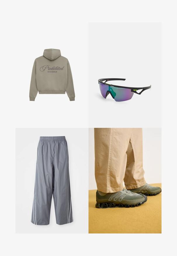Sudadera con capucha en gris claro y corte holgado. Presenta una gran inscripción en cursiva "Prohibido" y "10119 BERLÍN" impresa en la parte posterior.; Pantalones anchos de gris, ligeros y sintéticos con una cinturilla elástica y rayas blancas en los lados. Textura suave con un diseño casual.; Zapatillas deportivas verdes con parte superior de malla y sintético, acentos texturizados y suela negra distintiva con elementos de amortiguación en forma de círculo.; Gafas de sol deportivas con montura negra, grandes lentes degradados con tonos púrpuras y verdes, y acentos de diseño angulares con detalles de logotipo.