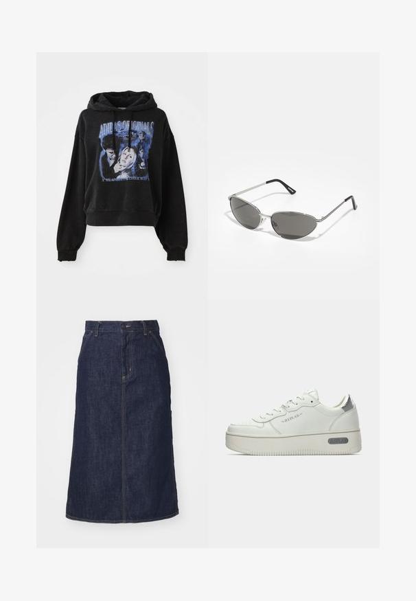 Fekete, vágott kapucnis felső, amely pamutból készült, húzózsinórral. Kék grafikai mintával rendelkezik, amely karaktereket és szöveget ábrázol.; Sötét farmer szoknya magas derékkal, egyenes szabással, elülső zsebekkel és varrott varrásokkal. A deréknál cipzáros és gombos záródással rendelkezik.; Fehér bőr sportcipők texturált talppal, ezüstszínű fém saroktabbal és "REPLAY" márkázással az oldalon. Minimális dizájn.; Sötétített lencsékkel rendelkező napszemüveg, elegáns, ezüst színű fém vázzal, aerodinamikus kialakítással, hegyes szélekkel és vékony szárakkal.; Fekete steppelt táska nagy nyílással, ívelt formákkal a felületen, és egy címkével, amely sárga és fehér szöveget tartalmaz az elején.