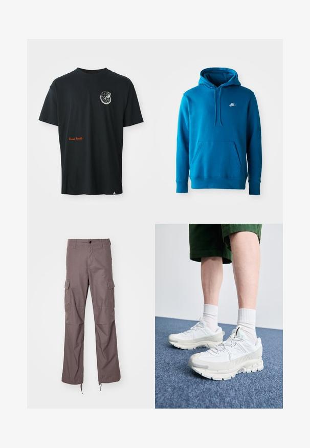 Sinine Nike'i kapuutsiga sviiter, millel on ees tasku ja nöörid, ning vasakul rindkerel väike valge Nike'i logo.; Musthave mustahe kraaniga t-särk musta värviga, lühikeste varrukatega ning väikese valge fossiili graafikaga rinnas ja oranži teksti "Texas Fossils" alumises vasakus nurgas.; Kared püksid tekstureeritud taupe kangast, millel on mitmed küljetaskud, sirge sääre disain ja reguleeritavad rihmad allääres.; Valged sportsijalatsid tekstuursete pealsete, kopsaka tallaga ja hallide aktsentidega. Kanda valgete lühikeste sokkidega ja roheliste lühikeste pükstega sinisel pinnal.