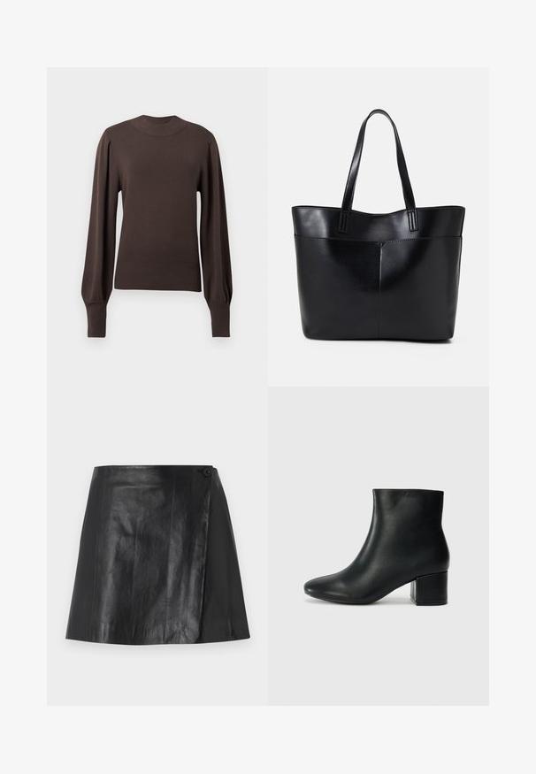 Pulover tricotat maro cu guler înalt, mâneci lungi puffate și manșete cu nervuri. Textură netedă cu o siluetă ajustată.; Fustă mini din piele ecologică neagră cu detaliu înfășurat pe față, securizată cu un buton pe partea dreaptă, textură netedă și ușor lucioasă.; Cizme negre din piele până la gleznă, cu vârf ascuțit și toc robust. Textură netedă, cu accente minime și un design elegant, ajustat.; Geantă oversized din piele neagră, cu două mânere lungi, de textură netedă și formă structurată. Are un buzunar frontal pentru stocare suplimentară.