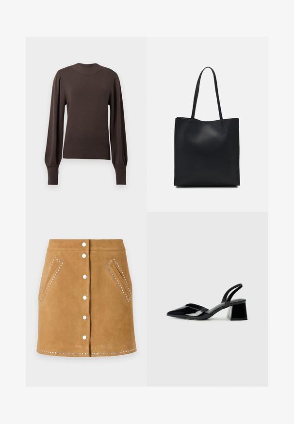 Barna kötött pulóver magas nyakkal, hosszú puffos ujjakkal és bordázott mandzsettákkal. Sima textúrával és testhez simuló siluettel rendelkezik.; Barna velúr szoknya elöl gombos záródással, két oldalsó zsebbel és ezüst szegecsekkel a zsebek mentén és a szegélynél. Simább textúra.; Fekete lakk bőr szandálkés magas sarkú cipő, hegyes orral és geometrikus tömbsarkakkal. Karcsú, minimalista dizájn és sima textúra jellemzi.; Fekete bőrtáska sima felszínnel, téglalap alakú, két hosszú füllel. Nincs látható fémkiegészítő vagy díszítés.