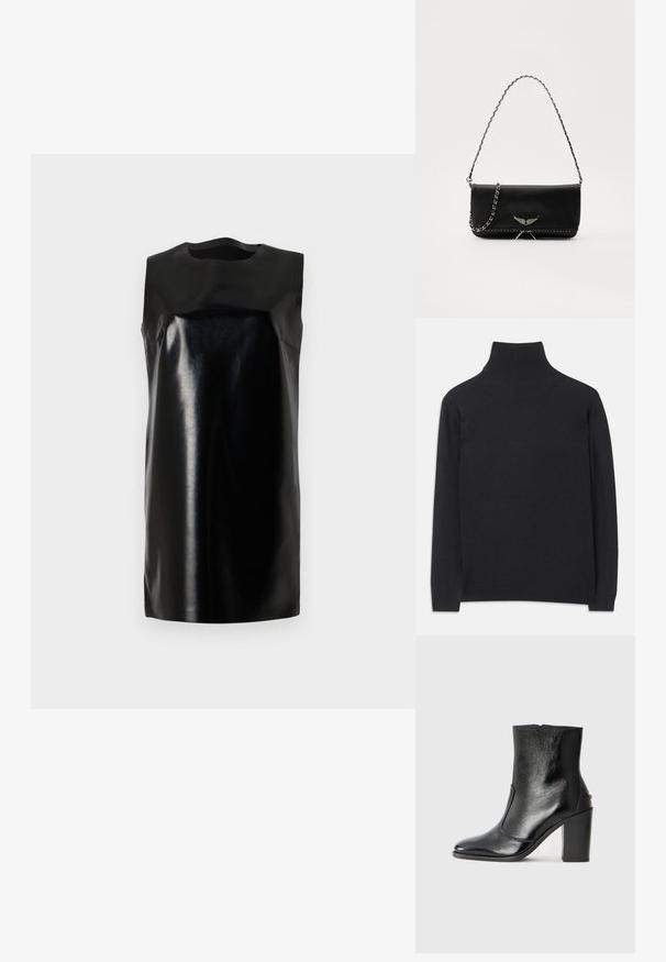 Suéter preto de gola alta feito de um tecido macio. Apresenta mangas longas, uma gola alta, e punhos e bainha canelados para um ajuste ajustado.; Vestido preto sem mangas feito de material brilhante, com decote redondo, linhas limpas e silhueta reta. Textura suave, sem hardware visível.; Bota ankle preta em pele com uma textura suave, bico fino e um salto alto robusto. Apresenta uma abertura lateral e um design minimalista.; Saco de couro preto com uma alça de corrente prateada, apresentando ornamentos em forma de asas e costura branca ao longo da costura inferior.