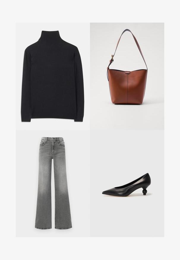 Fekete garbó pulóver puha anyagból. Hosszú ujjakkal, magas nyakkal és bordázott mandzsettákkal, valamint aljjal rendelkezik, ami karcsú megjelenést kölcsönöz.; Fehér, gombos ing klasszikus gallérral, hosszú ujjú és laza szabású. Simított pamut anyag, látható minták vagy kiemelések nélkül.; Szürke bővülő farmernadrág. Magas derékkal, négy zsebbel rendelkezik, és elöl enyhe kopás hatású, ami növeli a textúráját.; Fekete bőr magassarkú cipő, hegyes orral és kerek, gömbölyű sarokkal. Simább textúrával, elegáns, minimalista dizájnnal.; Barna bőr válltáska ívelt formával, sima felülettel és egy vékony pánttal. Diszkrét varrással és kis logóval rendelkezik.