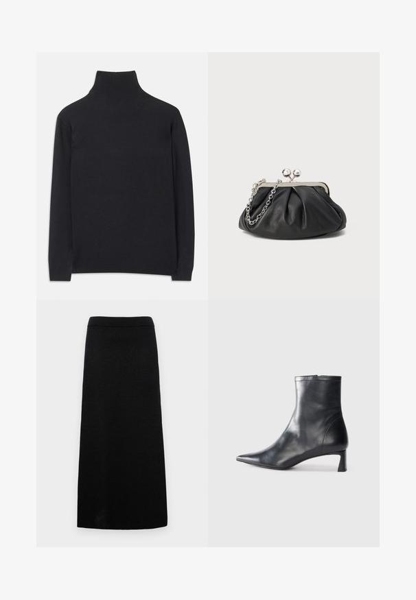 Pull à col roulé noir en tissu doux. Il dispose de manches longues, d'un col montant et de bords côtelés pour un look cintré.; Jupe en maille noire avec une silhouette longue et droite. Présente une texture côtelée, une taille large et sans motifs ni accents visibles.; Bottine en cuir noir avec un bout pointu et un design épuré. Présente un petit talon et une fermeture éclair à l'arrière. Texture lisse.; Porte-monnaie en cuir noir avec texture froncée, cadre en métal argenté, fermeture à verrouillage kiss-lock et bandoulière en chaîne. Surface lisse et douce.