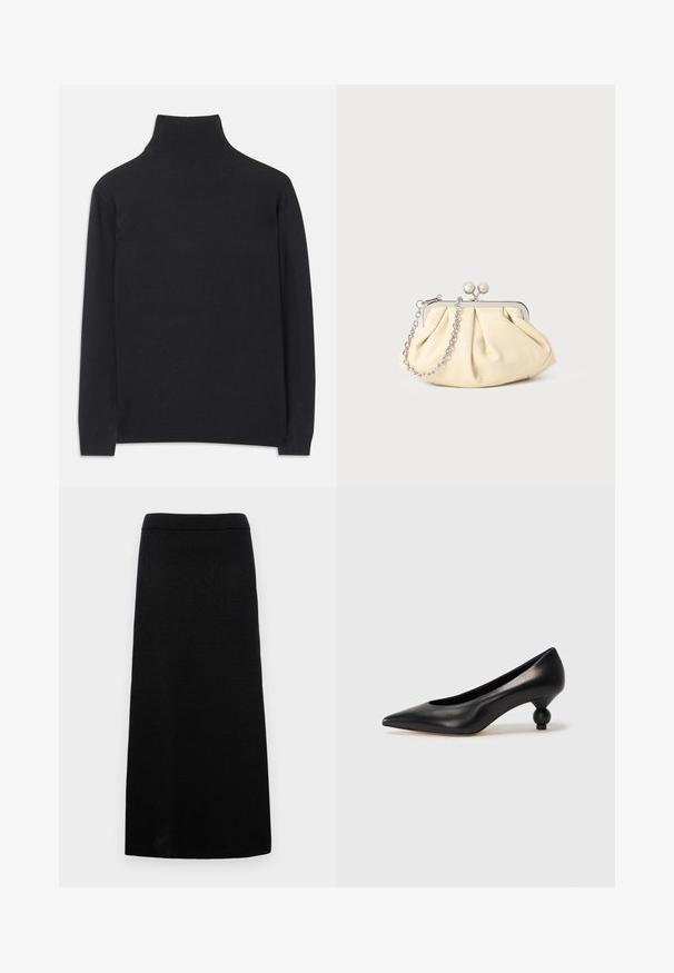 Zwarte coltrui gemaakt van zacht materiaal. Heeft lange mouwen, een hoge hals, en ribbelachtige boorden en onderkant voor een aansluitende look.; Zwarte gebreide rok met een lange, rechte silhouet. Heeft een ribbeltextuur, een brede tailleband en geen zichtbare patronen of accenten.; Zwarte leren hoge hak schoen met een spitse neus en een ronde, bolle hak. Gladde textuur met een elegant, minimalistisch ontwerp.; Geplooide beige leren clutch met een zilveren metalen frame, voorzien van twee ronde decoratieve sluitingen en een zilveren kettingriem.