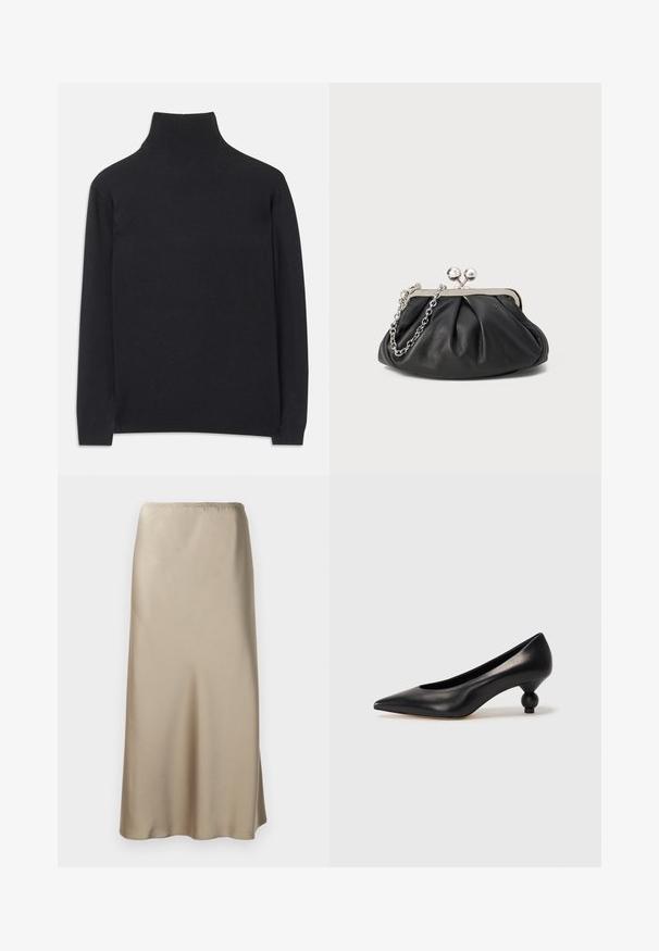 Pulover negru cu guler înalt, fabricat dintr-un material moale. Are mâneci lungi, un guler înalt și manșete și tiv cu dantelă pentru un aspect ajustat.; Fustă midi din satin, de culoare bej deschis, cu un brâu elastic, textură netedă și o formă fluidă în A. Fără modele vizibile sau accesorii.; Pantofii cu toc înalt din piele neagră, cu vârf ascuțit și toc rotund, mimos. Textură netedă, cu un design elegant și minimalist.; Clutch din piele neagră cu textură plisată, cadru din metal de ton argintiu, închidere tip kiss-lock și curea din lanț. Suprafață netedă și moale.