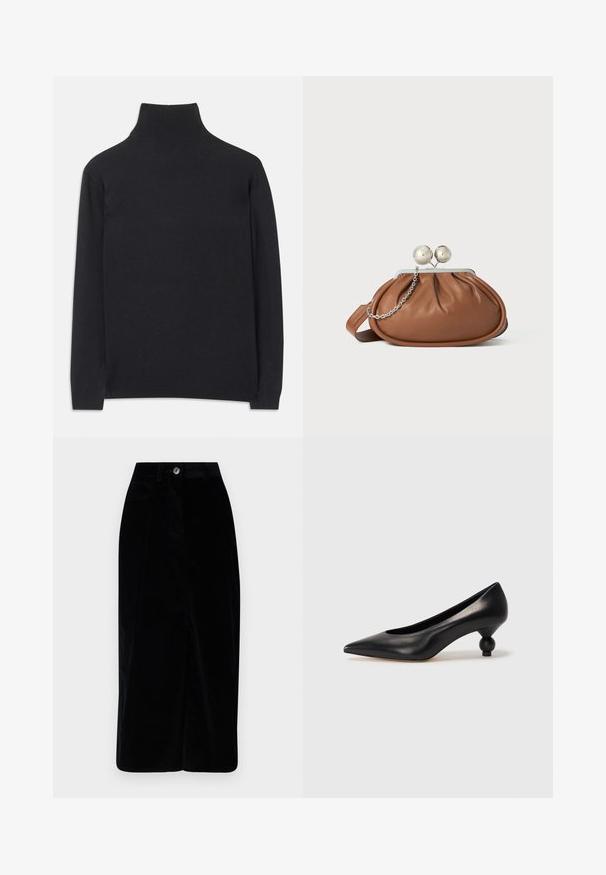 Zwarte coltrui gemaakt van zacht materiaal. Heeft lange mouwen, een hoge hals, en ribbelachtige boorden en onderkant voor een aansluitende look.; Zwarte corduroy midi-jurk met een rechte pasvorm, sluiting met knopen aan de voorkant en twee zijzakken. Zachte textuur met verticale ribbelpatroon.; Zwarte leren hoge hak schoen met een spitse neus en een ronde, bolle hak. Gladde textuur met een elegant, minimalistisch ontwerp.; Bruine leren clutch met een zilveren balsluiting en een klein zilveren kettingdetail op een witte achtergrond.
