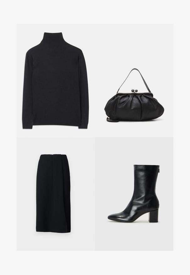 Fekete garbó pulóver puha anyagból. Hosszú ujjakkal, magas nyakkal és bordázott mandzsettákkal, valamint aljjal rendelkezik, ami karcsú megjelenést kölcsönöz.; WEEKEND MaxMara DEBORAH - Ceruzaszoknya - nero; Fekete bőr bokacipő hegyes orral és 4 cm-es blokkfallal. Simán díszített designja oldalra nyíló cipzárral rendelkezik, ami megkönnyíti a felvételt. Simább textúrával.; Fekete bőr kézitáska lekerekített, pliszírozott dizájnnal. Fémes zárja két dekoratív golyóval és egy vékony, lecsatolható pánttal rendelkezik.