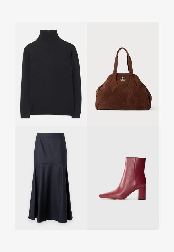 Pull à col roulé noir en tissu doux. Il dispose de manches longues, d'un col montant et de bords côtelés pour un look cintré.; Jupe noire taille haute en A avec une couture sous les hanches, s'élargissant vers l'ourlet, présentée sur un fond uni.; Botte chelsea en cuir bordeaux avec un bout pointu, un talon bloc et une texture lisse, présentant un design sans couture sans matériel visible.; Sac à main en daim marron avec une forme structurée, un corps arrondi et des poignées allongées en forme de diamant. Il dispose d'une fermeture en métal argenté.