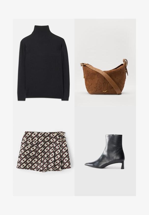 Suéter negro de cuello alto hecho de tejido suave. Presenta mangas largas, un cuello alto y puños y dobladillo acanalados para un ajuste ceñido.; Pantalones cortos de marca con un patrón geométrico en marrón y crema, dos bolsillos laterales y detalles en dorado. La tela tiene una textura suave.; Botín de cuero negro hasta el tobillo con punta afilada y un diseño elegante. Presenta un tacón bajo y un cierre con cremallera en la parte trasera. Textura suave.; Bolso de hombro de ante marrón con diseño floral en relieve, complementado por una correa de cuero marrón suave y acentos de herrajes en tono dorado.