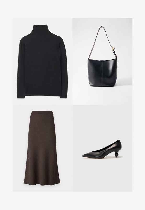 Svart polotröja i mjukt tyg. Har långa ärmar, hög krage och ribbade ärmar och nederkant för en figurnära look.; Ribbad, brun stickad kjol med en utsvängd form och resårmidja. Texturen är mjuk, med en slät yta och rena kanter.; Svart läderhögklackad sko med spetsig tå och rund, bollformad klack. Slät yta med en elegant, minimalistisk design.; Svart läder axelväska med en slät yta, som har ett tunt, långt band och en subtil sömdetalj nedtill i mitten.