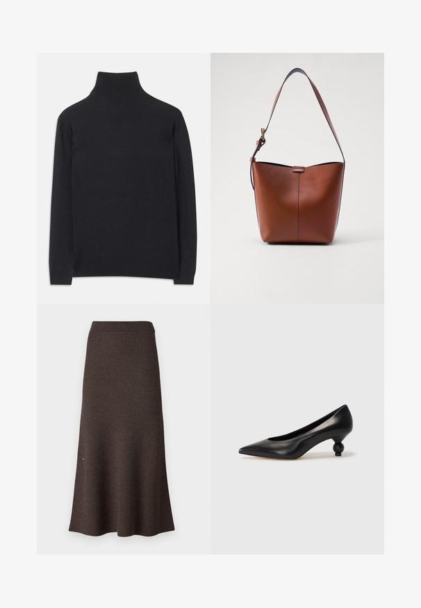 Schwarzer Rollkragenpullover aus weichem Material. Mit langen Ärmeln, einem hohen Kragen und gerippten Bündchen und Saum für einen figurbetonten Look.; Rippstrukturierter brauner Strickrock mit ausgestellter Form und elastischem Bund. Die Textur ist weich, mit einer glatten Oberfläche und sauberen Kanten.; Schwarze Leder-Pumps mit spitzem Zehenbereich und runder, ballförmiger Ferse. Glatte Textur mit einem eleganten, minimalistischen Design.; Braune Leder-Schultertasche mit geschwungener Form, glatter Textur und einem einzelnen dünnen Trageriemen. Verfügt über eine dezente Naht und ein kleines Logodetail.