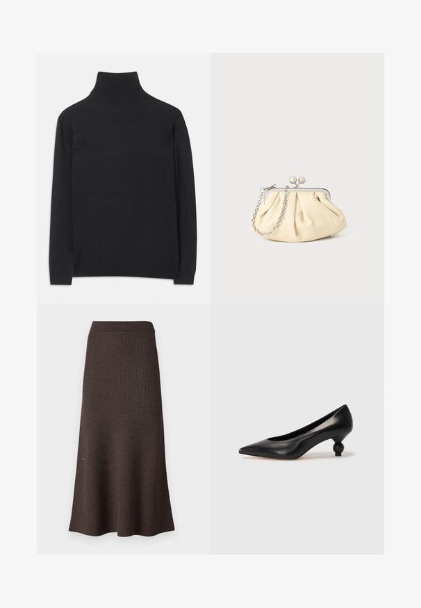 Čierny rolák z mäkkej tkaniny. Má dlhé rukávy, vysoký golier a rebrované manžety a lem pre priliehavý vzhľad.; Pruhovaná hnedá pletená sukňa so zvonovým strihom a elastickým pásom. Textúra je mäkká, s hladkým povrchom a čistými okrajmi.; Čierna kožená vysoká topánka na podpätku s ostrým špičkou a okrúhlym, guľatým podpätkom. Hladký povrch s moderným, minimalistickým dizajnom.; Zhlý béžový kožený klobúk so strieborným kovovým rámom, ktorý má dve okrúhle dekoratívne zámky a strieborný reťazový popruh.