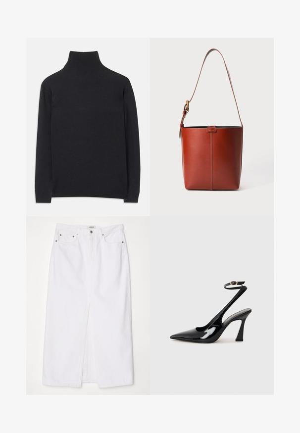 Čierny rolák z mäkkej tkaniny. Má dlhé rukávy, vysoký golier a rebrované manžety a lem pre priliehavý vzhľad.; Biela džínová sukňa s predným rozarrhnutím, dizajnom s piatimi vreckami, kovovým gombíkom a zipsom, a prešitými okrajmi.; Čierne lakované kožené lodičky na podpätku s špicatou špičkou, nastaviteľným popruhom okolo členka a stredne vysokým blokovým podpätkom. Hladký povrch s lesklým finišom.; Hnedá kožená vedierková kabelka s nastaviteľným ramenným popruhom a zlatým sponou, jednoduchý vertikálny šev na prednej strane.