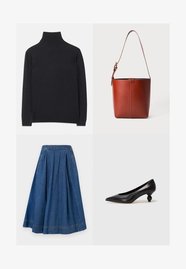 Čierny rolák z mäkkej tkaniny. Má dlhé rukávy, vysoký golier a rebrované manžety a lem pre priliehavý vzhľad.; Denimová sukňa s rozšíreným strihom, v tmavomodrej farbe a so skladmi. Obsahuje pás a bočné vrecká s kontrastným prešívaním.; Čierna kožená vysoká topánka na podpätku s ostrým špičkou a okrúhlym, guľatým podpätkom. Hladký povrch s moderným, minimalistickým dizajnom.; Hnedá kožená vedierková kabelka s nastaviteľným ramenným popruhom a zlatým sponou, jednoduchý vertikálny šev na prednej strane.
