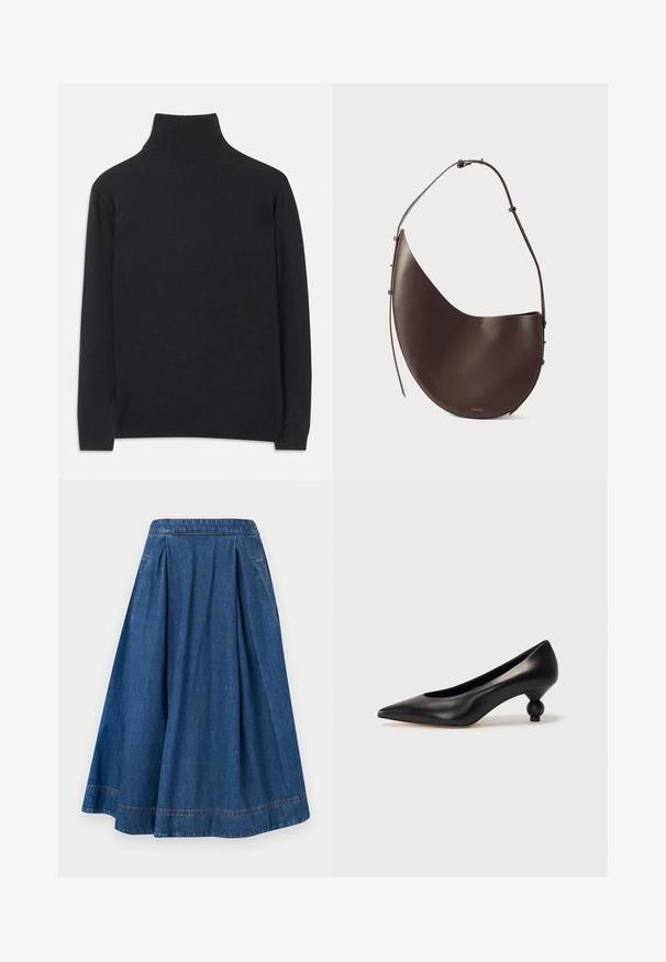Fekete garbó pulóver puha anyagból. Hosszú ujjakkal, magas nyakkal és bordázott mandzsettákkal, valamint aljjal rendelkezik, ami karcsú megjelenést kölcsönöz.; Farmernadrág szoknya, bővülő szabással, mély kék színben és redőzéssel. Derékpánttal és oldalzsebekkel rendelkezik, amelyek kontrasztos varrással díszítettek.; Fekete bőr magassarkú cipő, hegyes orral és kerek, gömbölyű sarokkal. Simább textúrával, elegáns, minimalista dizájnnal.; Barna bőr kézitáska ívelt formával, egyszálú pánttal és minimalista dizájnnal. Diszkrét logóval és arany színű fém részekkel rendelkezik.
