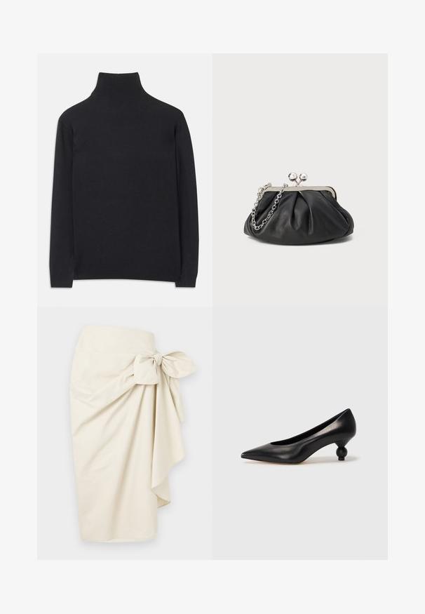 Černý rolák vyrobený z měkké tkaniny. Má dlouhé rukávy, vysoký límec a žebrované manžety a lem pro přiléhavý vzhled.; Krémová obálková sukně vyrobená z hladké látky, s velkým mašlí v pase a volným, splývavým střihem.; Černá kožená vysoká bota na podpatku s špičatou špičkou a kulatým, zaobleným podpatkem. Hladká textura s elegantním, minimalistickým designem.; Černá kožená kabelka s nabíranou texturou, stříbrný kovový rám, uzávěr na klips a řetízkový popruh. Hladký, jemný povrch.