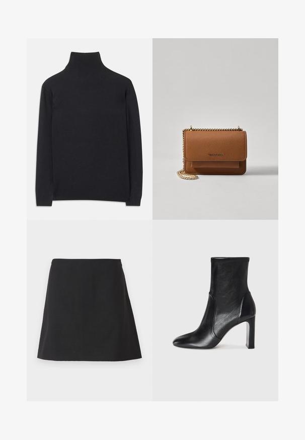 Crna rolka izrađena od mekanog materijala. Ima duge rukave, visoki ovratnik te rebraste rukave i donji rub za prilagodljiv izgled.; Crna mini suknja ravnog kroja, izrađena od teksturiranog materijala, s bočnim patentnim zatvaračem i bez vidljivih uzoraka ili ukrasa.; Crna kožna čizme do gležnja s elegantnim dizajnom, šiljastim prstom i visokim blok-hilom. Ima glatku teksturu i minimalističke detalje šivanja.; Smeđa kožna torba preko tijela s teksturom, zlatnim lančićem i preklopom na zatvaranju. Na prednjoj strani nalazi se detalj s potpisom i džep ispod preklopa.