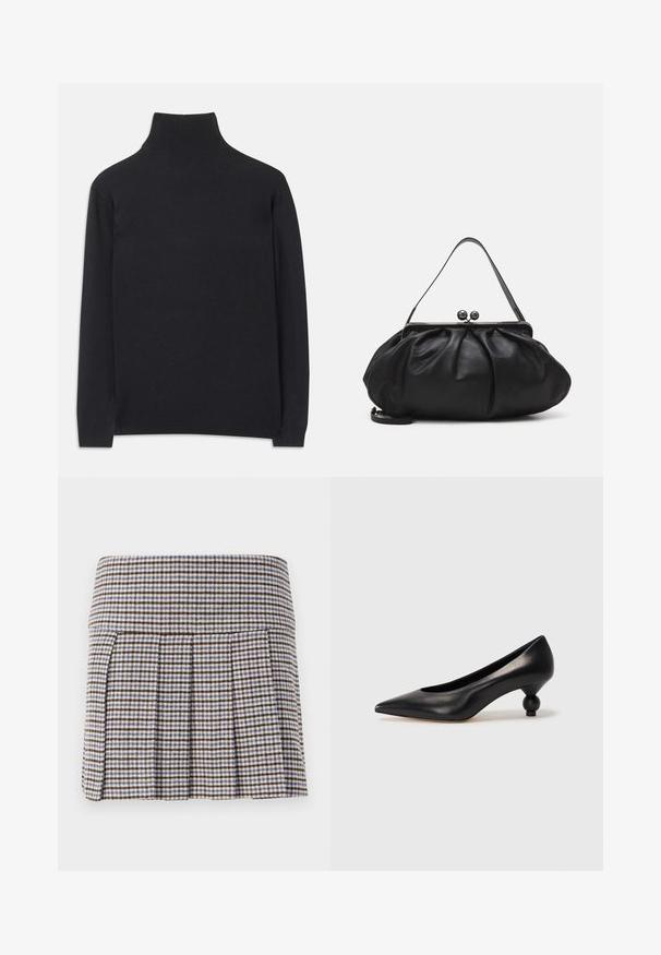 Juodas golfas, pagamintas iš minkštos medžiagos. Jis turi ilgomis rankovėmis, aukštu kaklu ir šonkauliniais rankogaliais bei apvadu, suteikiančiais prigludusį įvaizdį.; Klostyta sijonas rudos, smėlio ir mėlynos tarkos rašto. Pagamintas iš minkštos tekstūros audinio su prigludusia liemene ir dekoratyvia pleišeliu.; Juoda odinė aukštakulnė bateliai su smailiu pirštu ir apvaliu, iškiliu kulnu. Lygus paviršius su elegantišku, minimalistiniu dizainu.; Juodas odinis rankinė su apvalia, raukšlėtą dizainą. Priedai metalinė užsegimas su dviem dekoratyvinėmis kamuoliukais ir plona, nuimama pakaba.