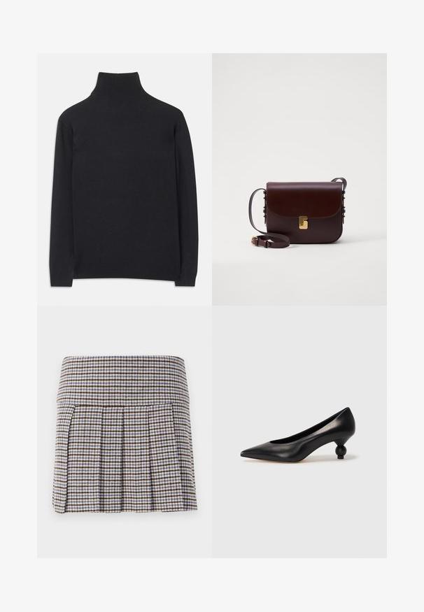 Čierny rolák z mäkkej tkaniny. Má dlhé rukávy, vysoký golier a rebrované manžety a lem pre priliehavý vzhľad.; Plisovaná sukňa v hnedo-bežovo-modrom károvanom vzore. Vyrobená z texturovanej tkaniny s priliehavým pásom a dekoratívnymi plisami.; Čierna kožená vysoká topánka na podpätku s ostrým špičkou a okrúhlym, guľatým podpätkom. Hladký povrch s moderným, minimalistickým dizajnom.; Hnedá kožená taška so zavieraním na klopu, zlatými kovovými detailmi a nastaviteľným popruhom. Má hladký povrch a elegantný obdĺžnikový tvar.
