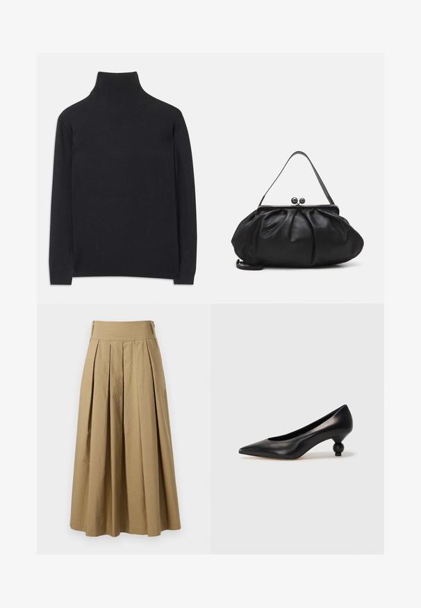 Must zwart pullovers, mis pehmeast kangast. Omab pikki varrukaid, kõrget kaelanupukest ning soonikute äärte ja alläärtega, et tagada mugav istuvus.; Khaki pleated seelik kõrge talje ja valmistatud puuvillast. Omab voogavat disaini ja allservas on peened õmblused.; Must musta kõrge kontsaga king, millel on terav nina ja ümar, pallikujuline konts. Sile pind ja elegantne, minimalistlik disain.; Must mustrida nahk-kott ümmarguse, kortsunud disainiga. Varustatud metallist klambriga, millel on kaks dekoratiivset palli ja õhuke, eemaldatav rihm.