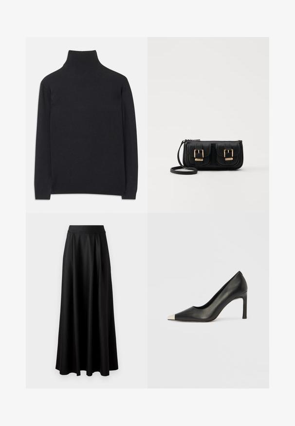 Pulover negru cu guler înalt, fabricat dintr-un material moale. Are mâneci lungi, un guler înalt și manșete și tiv cu dantelă pentru un aspect ajustat.; Fustă neagră, până la podea, cu o textură netedă, talie lată și design plisat, fără modele vizibile sau embellismente.; Pantof cu toc înalt din piele neagră, cu vârf ascuțit și un capac metalic argintiu. Are un finisaj neted și un toc subțire de 10 cm.; Geantă neagră din piele, tip crossbody, cu două buzunare frontale, catarame aurii, închidere cu fermoar și o curea subțire. Suprafață texturată și formă rectangulară compactă.