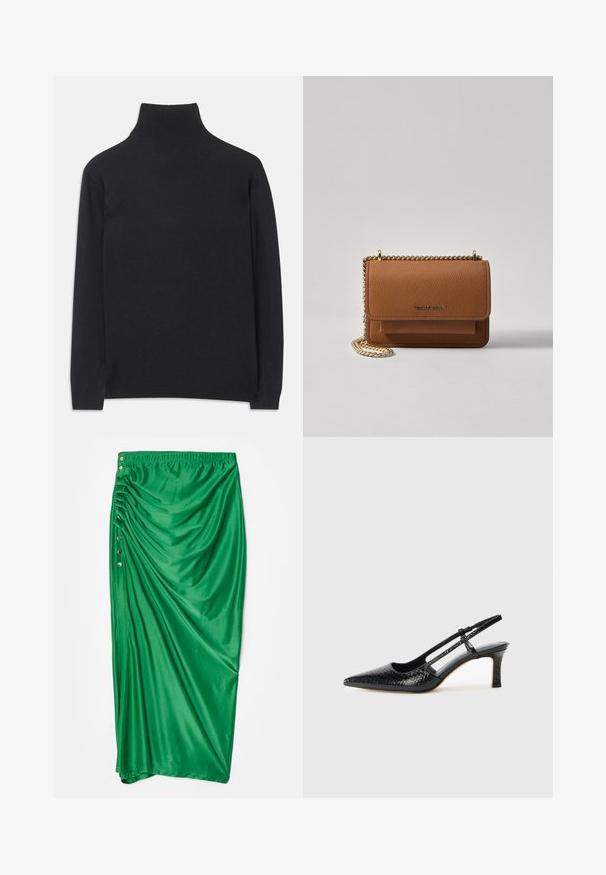 Juodas golfas, pagamintas iš minkštos medžiagos. Jis turi ilgomis rankovėmis, aukštu kaklu ir šonkauliniais rankogaliais bei apvadu, suteikiančiais prigludusį įvaizdį.; Žalia satino maksi sijonas su susiraukšlėjimu, turintis penkis dekoratyvinius sidabrinius mygtukus šone ir elastinį juosmenį.; Juodai lakuoti slingback aukštakulniai su smailiu nosiu, su tekstūruotu gyvatės raštu, reguliuojama juosta ir trumpu, tekstūruotu blokiniu kulnu.; Ruda tekstūruota odinė per petį nešama rankinė su auksiniu grandininiu dirželiu ir užlenkiamo užsegimo. Priekinėje pusėje yra logotipo detalė ir kišenė po užlenkimu.