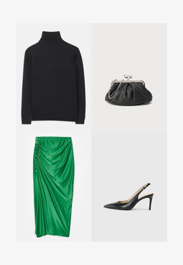 Melns augstais kakls džemperis no mīksta auduma. Tam ir garas piedurknes, augsts kakls un ribotas aproces un apakšmala, lai radītu pieguļošu izskatu.; Zaļš satīna maksi svārki ar sasēju dizainu, kas rotāts ar pieciem dekoratīviem sudraba pogām sānos un elastīgu jostu.; Melnas ādas sandales ar augstiem papēžiem un norādītu degunu, regulējama josta un elegants stiletto papēdis, kas izceļas ar gludu apdari.; Melnas ādas roku soma ar sakrautām tekstūrām, sudraba toņu metāla rāmis, skavas aizdare un ķēdes siksna. Gluda, maiga virsma.