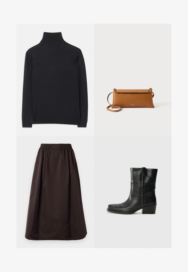 Fekete garbó pulóver puha anyagból. Hosszú ujjakkal, magas nyakkal és bordázott mandzsettákkal, valamint aljjal rendelkezik, ami karcsú megjelenést kölcsönöz.; Barna, midi hosszúságú szoknya rugalmas derékkal és széles szegéllyel, sima anyagból, finom redőkkel a derék alatt.; Fekete bőr bokacsizma lekerekített orral, blokk sarkúval, oldalsó cipzárral és varrásos díszítéssel az elején. Simább textúra, klasszikus dizájn.; Barna bőr kézitáska, téglalap alakú, texturált felület, leválasztható pánt, cipzáras záródás, diszkrét logóval a záron.