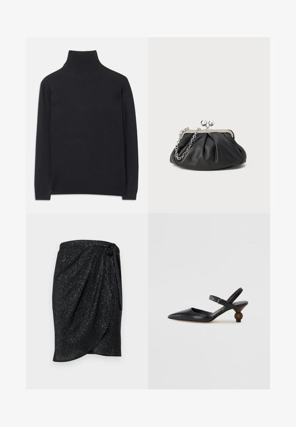Fekete garbó pulóver puha anyagból. Hosszú ujjakkal, magas nyakkal és bordázott mandzsettákkal, valamint aljjal rendelkezik, ami karcsú megjelenést kölcsönöz.; Fekete, textúrált, csillogó borítású szoknya. Deréknál megkötővel és redőzött dizájnnal rendelkezik, amely karcsú sziluettet kölcsönöz.; Fekete bőr szandálcipő hegyes orral, íves kialakítással és kerek, fára hasonlító sarokkal. Keskeny bokapánttal rendelkezik.; Fekete bőr táska ráncolt textúrával, ezüst színű fémszerkezettel, csattal záródó fedéllel és láncos pánttal. Simító, puha felület.