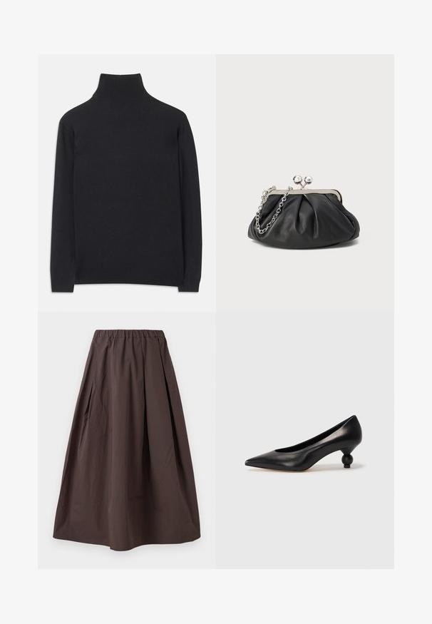 Svart polotröja i mjukt tyg. Har långa ärmar, hög krage och ribbade ärmar och nederkant för en figurnära look.; Brun midi-lång kjol med elastisk midja och subtila veck på vit bakgrund.; Svart läderhögklackad sko med spetsig tå och rund, bollformad klack. Slät yta med en elegant, minimalistisk design.; Svart läderclutch med rynkad struktur, silverfärgad metallram, lås med kysslås och kedjesnodd. Slät, mjuk yta.