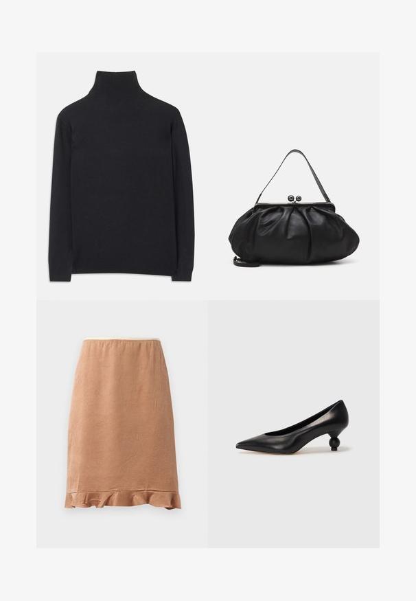 Pull à col roulé noir en tissu doux. Il dispose de manches longues, d'un col montant et de bords côtelés pour un look cintré.; Jupe texturée marron avec un ourlet en volants, en tissu doux qui tombe légèrement, conçue avec une taille élastique pour un confort optimal.; Chaussure à talon haut en cuir noir avec un bout pointu et un talon arrondi. Texture lisse avec un design épuré et minimal.; Sac à main en cuir noir avec un design arrondi et plissé. Il possède un fermoir métallique avec deux boules décoratives et une bandoulière fine et amovible.