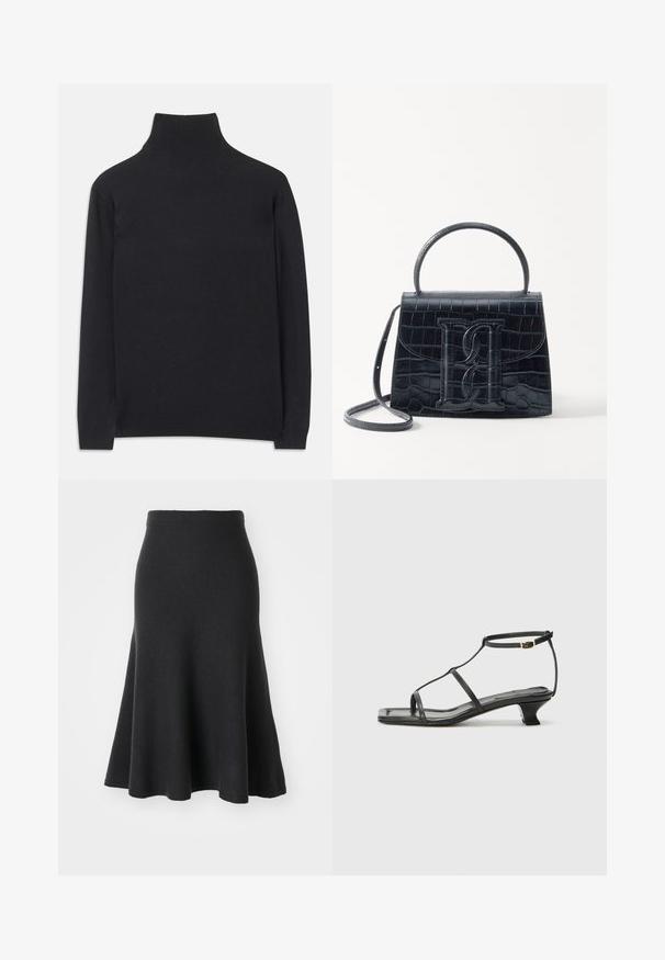 Suéter preto de gola alta feito de um tecido macio. Apresenta mangas longas, uma gola alta, e punhos e bainha canelados para um ajuste ajustado.; Saia preta justa feita de tecido suave, com um cós alto, textura lisa e uma silhueta em A que se estende até a metade da panturrilha.; Sandália de couro preta com biqueira quadrada, tiras finas, correia ajustável no tornozelo e um salto baixo. Possui um pequeno detalhe em ouro na tira.; Bolsa de pele preta com estampa de crocodilo, de design estruturado, com alça de mão, correia ajustável e um detalhe de logotipo em destaque na frente.