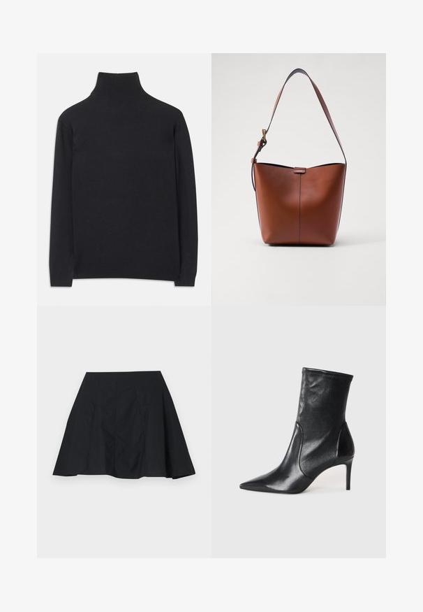 Juodas golfas, pagamintas iš minkštos medžiagos. Jis turi ilgomis rankovėmis, aukštu kaklu ir šonkauliniais rankogaliais bei apvadu, suteikiančiais prigludusį įvaizdį.; Juoda pločio sijonas su lygia tekstūra, turintis vertikalių atvartų ir paprastą dizainą. Apatinė kraštinė šiek tiek asimetriška.; Juodi kulkšneliai, pagaminti iš lygaus odos, su smailiu nosiu, prigludusia ašimi ir siauru aukštu kulnu. Minimalistinis dizainas be matomų detalių.; Ruda odinė petinė rankinė su kreivam formu, lygia tekstūra ir viena plona juosta. Yra švelni siūlė ir mažas logotipo elementas.