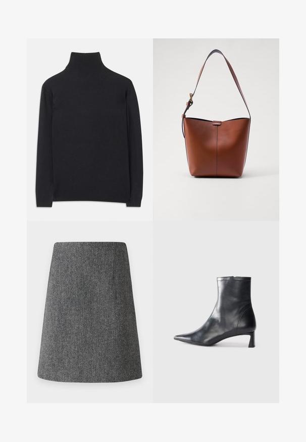 Svart polotröja i mjukt tyg. Har långa ärmar, hög krage och ribbade ärmar och nederkant för en figurnära look.; Grå herringbone kjol i utsvängd A-linjeform, tillverkad av texturerad tyg. Har en ren midja utan synlig hårdvara eller detaljer.; Svart läder ankelboot med spetsig tå och en smidig design. Har en låg klack och en dragkedjestängning bak. Slät textur.; Brun läderaxelväska med en böjd form, slät yta och ett enda tunt band. Har en subtil söm och en liten logotypdetalj.