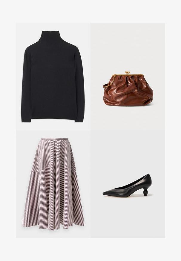 Sort turtleneck sweater lavet af blødt stof. Har lange ærmer, en høj hals, og ribbede manchetter og kant for et stramt look.; Stribet nederdel med lodrette hvide og bordeaux farvede striber, udformet med en flagrende design og samlet tekstur ved taljen, lavet af letvægtsstof.; Sort læder høje hæle med spids tå og rund, kugleformet hæl. Glat tekstur med et stilrent, minimalistisk design.; Brun læder clutch med gyldent låsramme og kort guldkædehåndtag, der har en blød, samlet tekstur på en hvid baggrund.