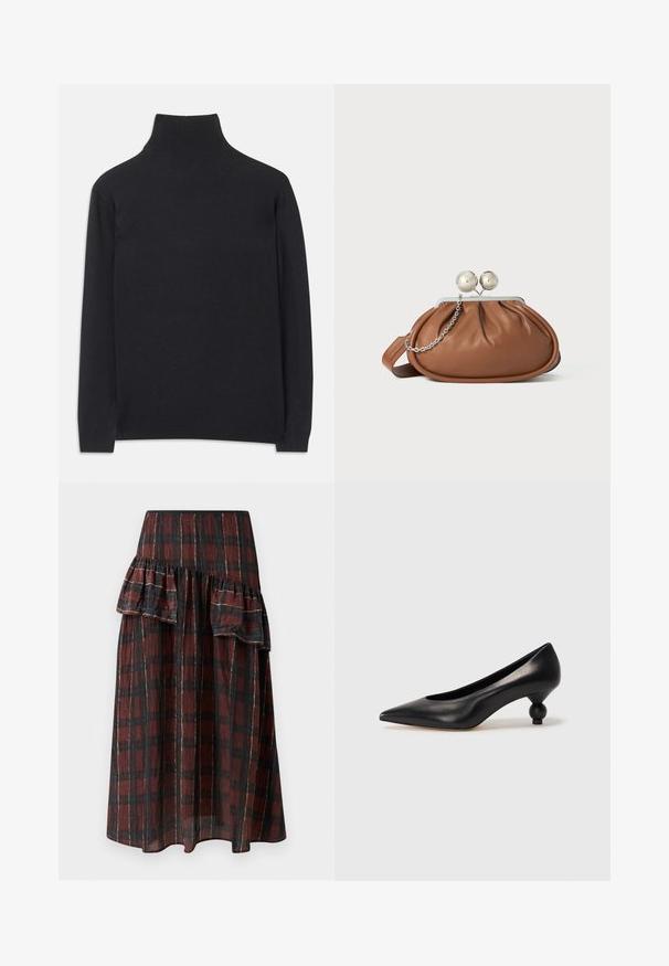 Czarny sweter z golfem wykonany z miękkiego materiału. Posiada długie rękawy, wysoki kołnierz oraz prążkowane mankiety i dół, co zapewnia dopasowany wygląd.; Maxi spódnica w ciemnoczerwono-czarny wzór w kratę, z warstwowymi falbanami w talii, wykonana z lekkiego materiału o miękkiej fakturze.; Czarna skórzana szpilka z ostrym czubkiem i okrągłym, kulistym obcasem. Gładka tekstura z eleganckim, minimalistycznym wzornictwem.; Brązowa skórzana kopertówka z srebrnym zapięciem w kształcie kuli oraz małym srebrnym łańcuszkiem na białym tle.