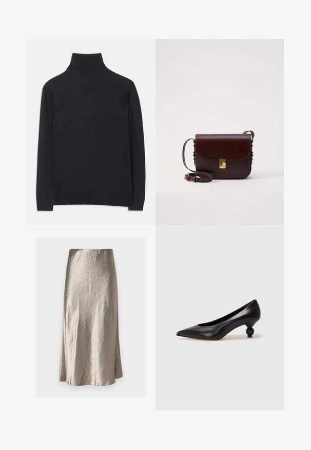 Pull à col roulé noir en tissu doux. Il dispose de manches longues, d'un col montant et de bords côtelés pour un look cintré.; Max Mara Leisure ALESSIO - Jupe trapèze - tortora; Chaussure à talon haut en cuir noir avec un bout pointu et un talon arrondi. Texture lisse avec un design épuré et minimal.; Sac en cuir marron avec une fermeture à rabat, quincaillerie dorée, et une sangle réglable. Présente une texture lisse et une forme rectangulaire élégante.