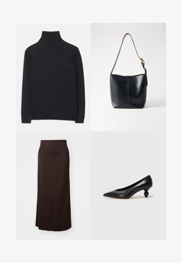 Pull à col roulé noir en tissu doux. Il dispose de manches longues, d'un col montant et de bords côtelés pour un look cintré.; Jupe longue noire en tissu lisse. Présente un design droit avec une fente latérale pour faciliter les mouvements, et un détail subtil à la taille.; Chaussure à talon haut en cuir noir avec un bout pointu et un talon arrondi. Texture lisse avec un design épuré et minimal.; Sac à épaule en cuir noir avec une texture lisse, doté d'une fine bandoulière longue et d'un discret détail cousu au centre.