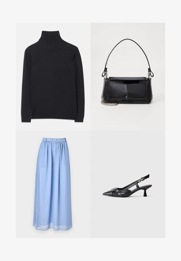 Črn pulover z visoko ovratnikom, izdelan iz mehkega materiala. Ima dolge rokave, visoko ovratnik ter rebraste manšete in rob, kar daje prilegajoč videz.; Svetlo modra maksi krilo iz prosojnega materiala z nabranim pasom, ki vsebuje srebrne gumbe in subtilen vzorec majhnih belih pik.; Črne usnjene sandale središnje zaponke z ostro konico, okrasnimi trakovi z kovinskimi očesi in nizko blokasto peto. Teksturirana površina.; Črna lakirana usnjena torbica pravokotne oblike, s verižnim trakom in značilnim kovinskim detajlom na sredini. Gladka textura.