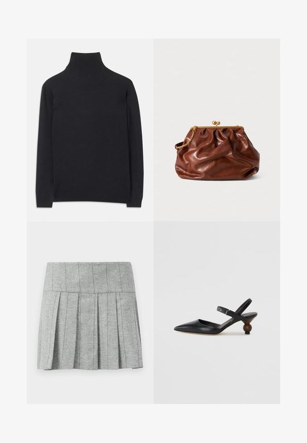 Fekete garbó pulóver puha anyagból. Hosszú ujjakkal, magas nyakkal és bordázott mandzsettákkal, valamint aljjal rendelkezik, ami karcsú megjelenést kölcsönöz.; Szürke plisszírozott szoknya heringcsont mintájú anyagból; struktúrált derékpánttal rendelkezik, és egyenes vonalú alja van.; Fekete bőr szandálcipő hegyes orral, íves kialakítással és kerek, fára hasonlító sarokkal. Keskeny bokapánttal rendelkezik.; Barna bőr klutcs táska arany csattal és rövid arany lánckarral, puha, összegyűrt textúrával, fehér háttér előtt.