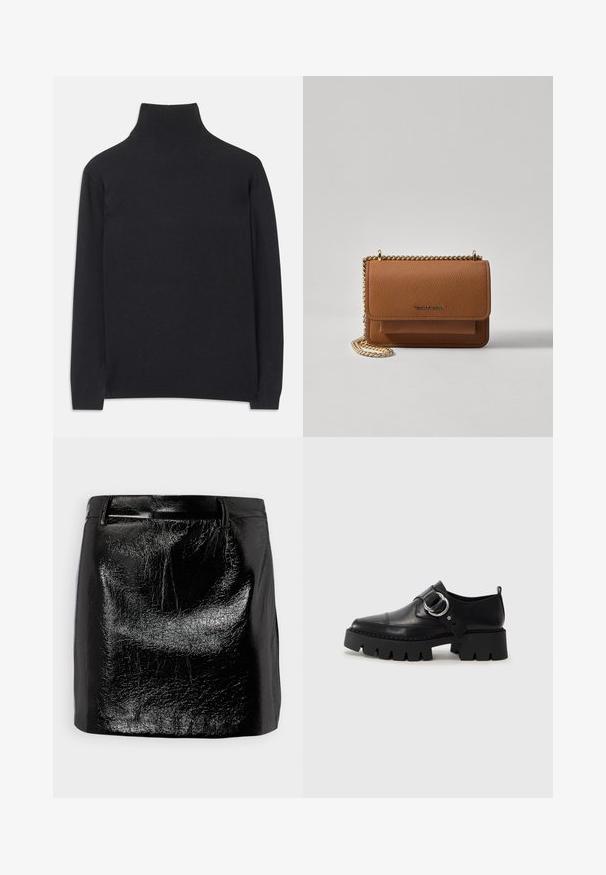 Musta poolkaelune sviiter, mis on valmistatud pehmest kangast. Omab pikki varrukaid, kõrget kaela ja soonikkoes mansette ning alläänt, mis tagavad keha lähedase ilme.; Musta nahkainen minihame, jossa on kiiltävä pinta, sileä tekstuuri, suora leikkaus ja hillityt ompeluyksityiskohdat vyötäröllä.; Musta nahkakengät, joissa on paksu, uurrettu pohja, ja pyöreä hopeanvärinen koriste sekä minimaalinen ompelu.; Ruskean teksturoidun nahkasta valmistettu crossbody-laukku, jossa on kultaketjuhihna ja läppäkiinnitys. Edessä on logodetail ja tasku läppäisen alla.