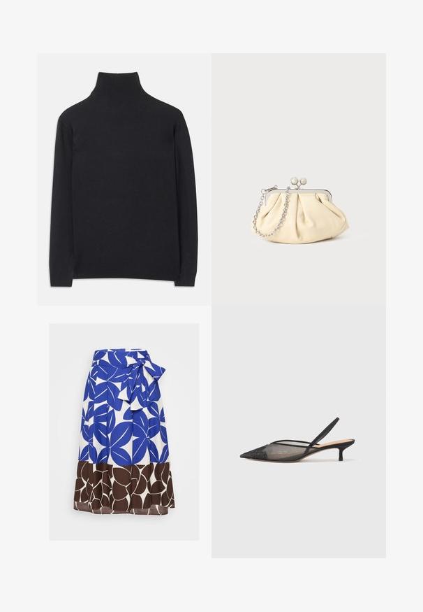 Juodas golfas, pagamintas iš minkštos medžiagos. Jis turi ilgomis rankovėmis, aukštu kaklu ir šonkauliniais rankogaliais bei apvadu, suteikiančiais prigludusį įvaizdį.; Mėlyna ir balta sijonas su ryškiu lapų raštu, su kaklaskare su raišteliu ir rudu gėlių apatine kraštine. Pagamintas iš lengvo audinio.; NEOUS IRENA - Klasikiniai aukštakulniai - black; Plyšiniai smėlio spalvos odiniai rankinukai su sidabriniu metaliniu rėmu, turintys du apvalius dekoratyvinius užtrauktukus ir sidabrinę grandinėlę.